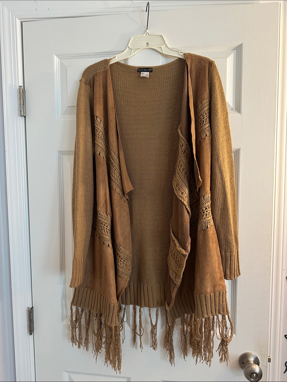 VENUS Camel Fringe Open-Front Knit Cardigan